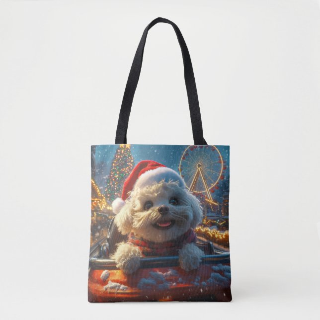 Bichon Frise Dog Roller Coaster Christmas Tote Bag (Front)
