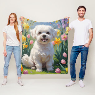 Bichon Frise Dog Spring Flowers Painting Fleece Blanket