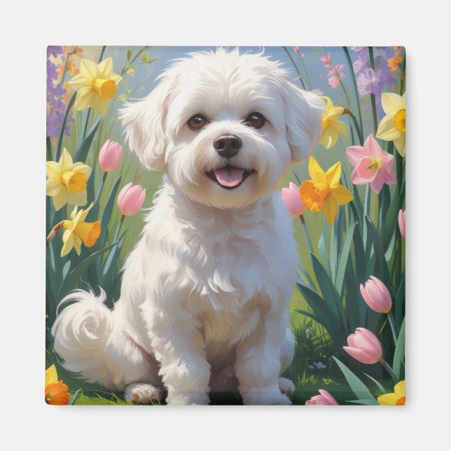 Bichon Frise Dog Spring Flowers Painting Magnet (Front)