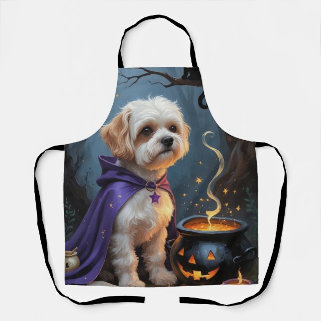 Bichon Frise Dog Whimsical Halloween Painting Apron (Front)