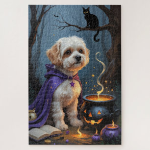 Bichon Frise Dog Whimsical Halloween Painting Jigsaw Puzzle