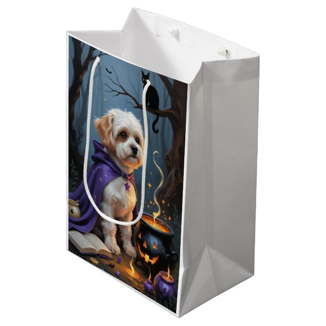 Bichon Frise Dog Whimsical Halloween Painting Medium Gift Bag (Front Angled)