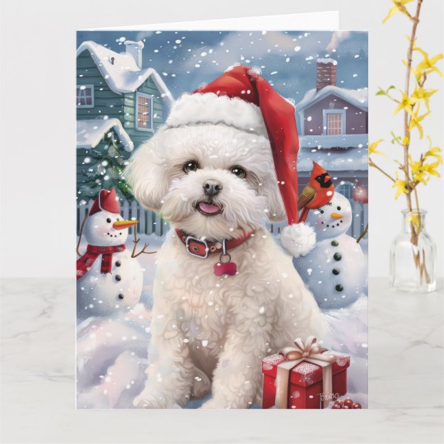 Bichon Frise Dog Winter Wonderland Christmas Joy Card (Yellow Flower)