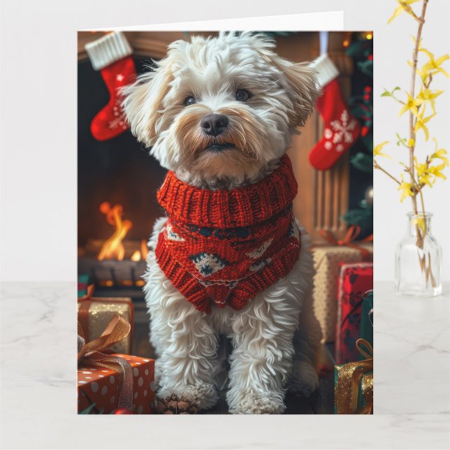 Bichon Frise Dog with Christmas Gifts Fireplace Card (Yellow Flower)