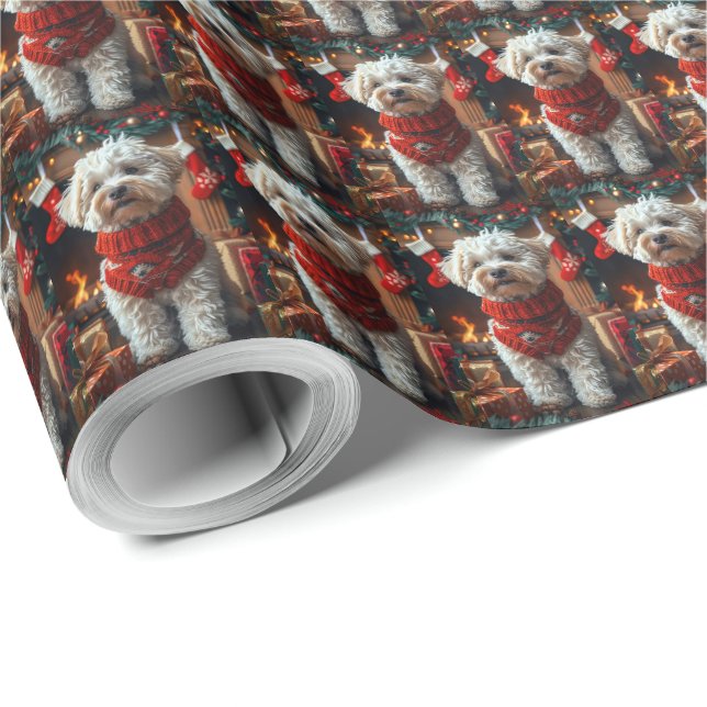 Bichon Frise Dog with Christmas Gifts Fireplace Wrapping Paper (Roll Corner)