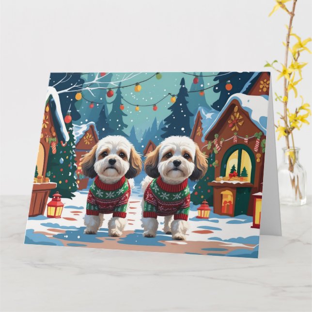 Bichon Frise Dogs Christmas Snow Holiday Card (Yellow Flower)