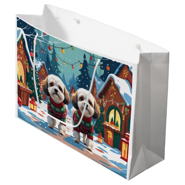 Bichon Frise Dogs Christmas Snow Holiday Large Gift Bag (Front Angled)