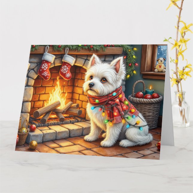 Bichon Frise Fireplace with Christmas Lights Card (Yellow Flower)