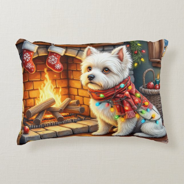Bichon Frise Fireplace with Christmas Lights Decorative Cushion (Front)