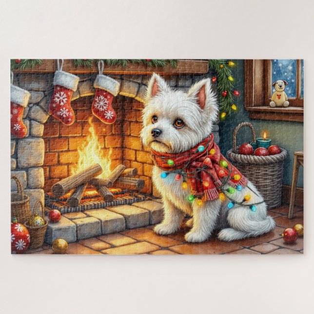 Bichon Frise Fireplace with Christmas Lights Jigsaw Puzzle (Horizontal)