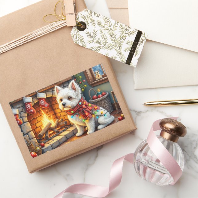 Bichon Frise Fireplace with Christmas Lights Rectangular Sticker (Gifting)