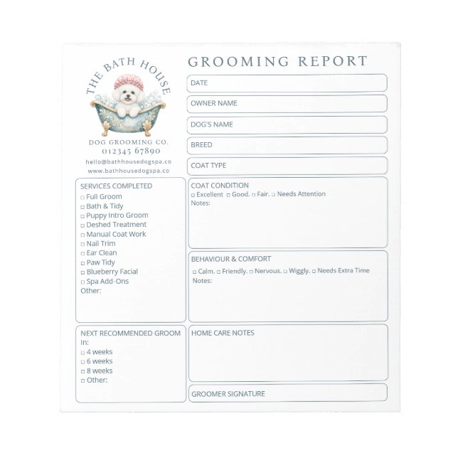 Bichon Frise Grooming Customer Feedback Notepad (Front)