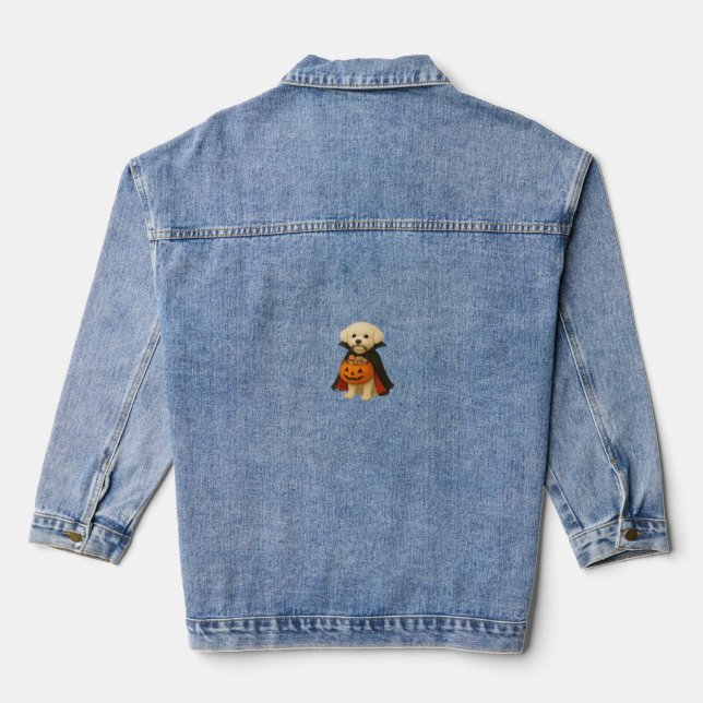 Bichon Frisé Halloween Vampire Pup with Pumpkin Ba Denim Jacket (Back)