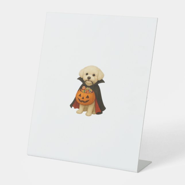 Bichon Frisé Halloween Vampire Pup with Pumpkin Ba Pedestal Sign (Front)