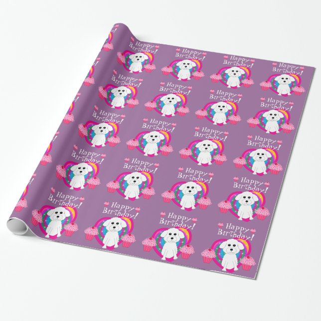 Bichon Frise Happy Birthday Wrapping Paper (Unrolled)