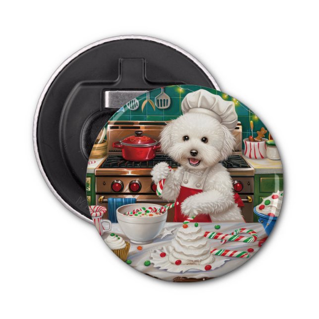Bichon Frise Holiday Baking: Festive Christmas Bottle Opener (Front)