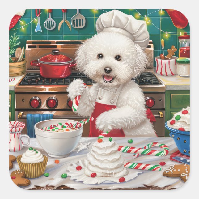 Bichon Frise Holiday Baking: Festive Christmas Square Sticker (Front)