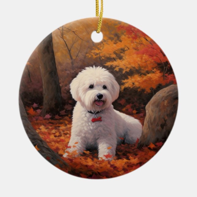 Bichon Frise in Autumn Leaves Fall Inspire  Ceramic Ornament (Front)