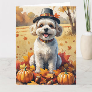Bichon Frise In Autumn Leaves Thanksgiving Art  Card