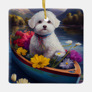 Bichon Frise on a Paddle: A Scenic Adventure Ceramic Ornament