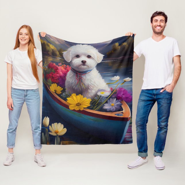 Bichon Frise on a Paddle: A Scenic Adventure Fleece Blanket (In Situ)