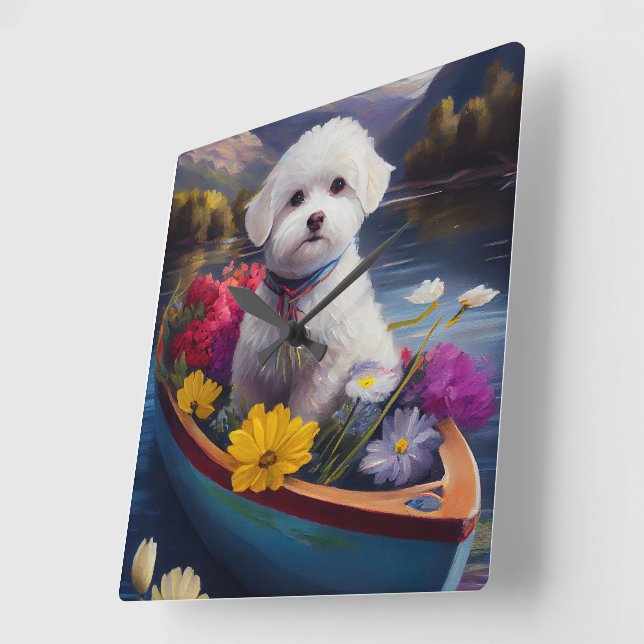 Bichon Frise on a Paddle: A Scenic Adventure Square Wall Clock (Angle)