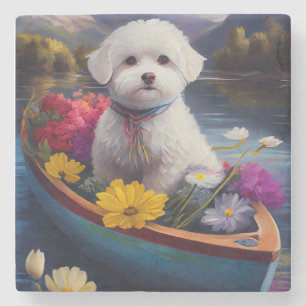 Bichon Frise on a Paddle: A Scenic Adventure Stone Coaster