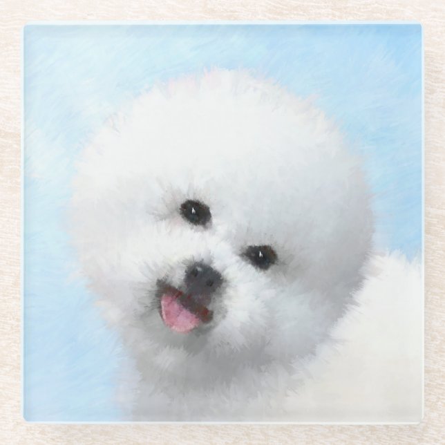 Bichon Frise Painting - Cute Original Dog Art Glass Coaster (Front)