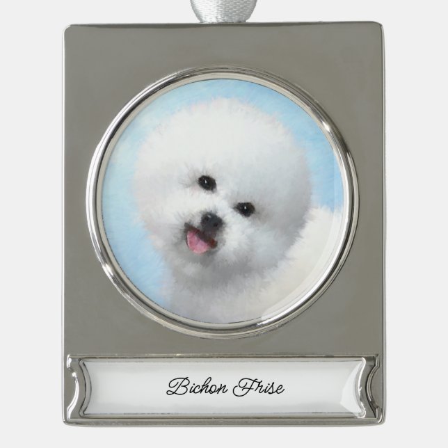 Bichon Frise Painting - Cute Original Dog Art Silver Plated Banner Ornament (Front)