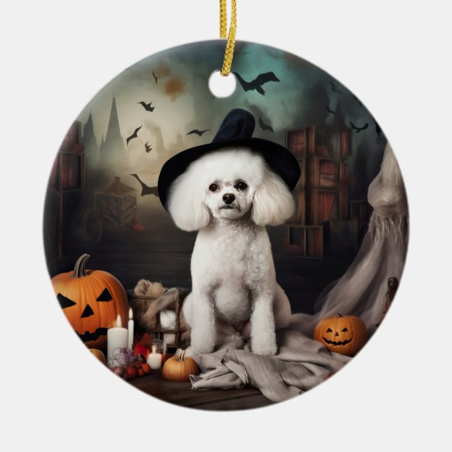 Bichon Frise Pumpkins Halloween Scary Ceramic Ornament (Front)