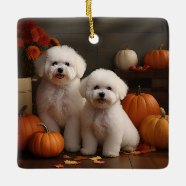 Bichon Frise Puppy Autumn Delight Pumpkin  Ceramic Ornament (Front)