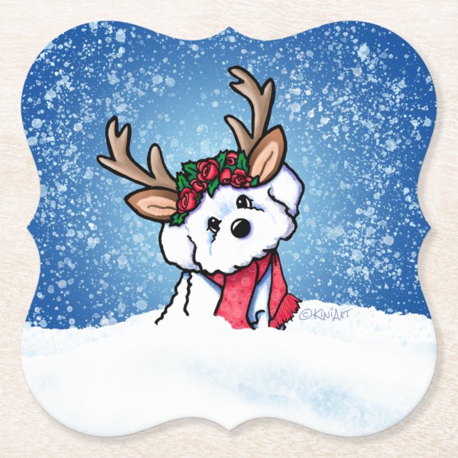 Bichon Frise Reindeer Paper Coaster (Front)