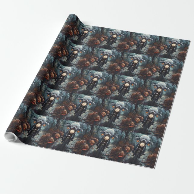 Bichon Frise Riding Motorcycle Halloween Scary Wrapping Paper (Unrolled)