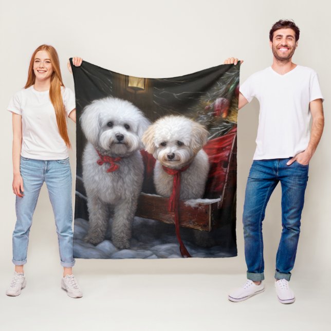 Bichon Frise Snowy Sleigh Christmas Decor Fleece Blanket (In Situ)