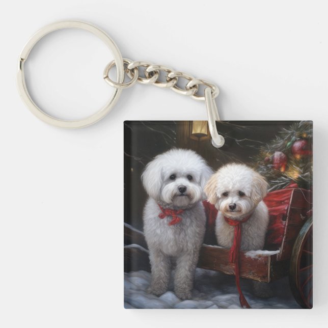 Bichon Frise Snowy Sleigh Christmas Decor Key Ring (Front)