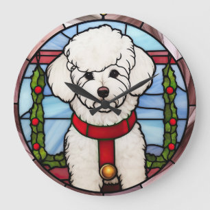 Bichon Frise Stained Glass Christmas Large Clock