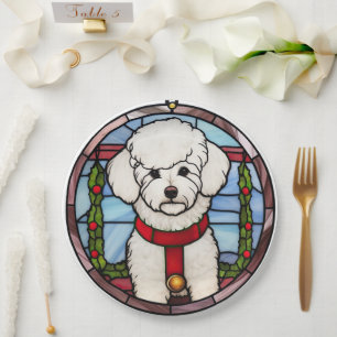 Bichon Frise Stained Glass Christmas  Paper Plate
