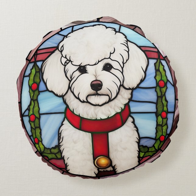 Bichon Frise Stained Glass Christmas  Round Cushion (Back)