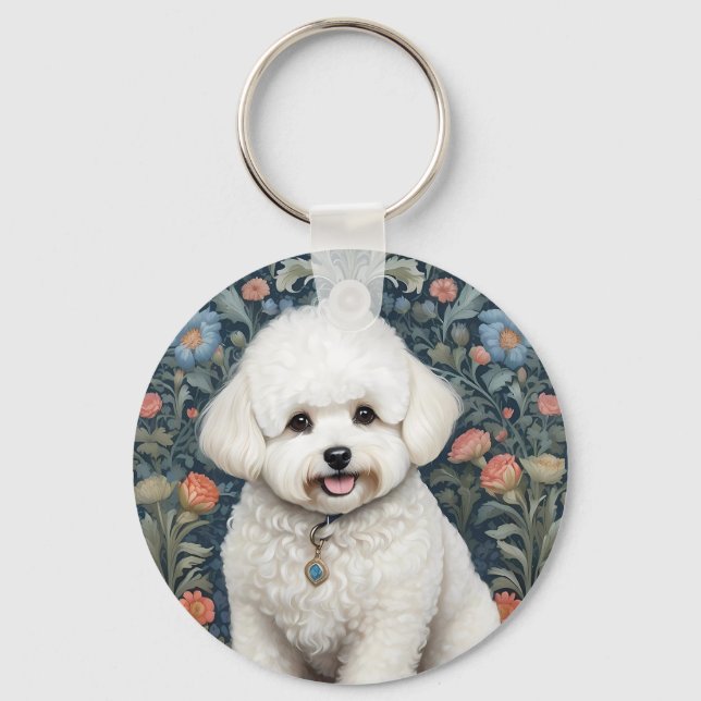 Bichon Frisé William Morris Inspired Floral Key Ring (Front)