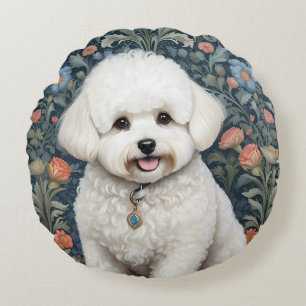 Bichon Frisé William Morris Inspired Floral Round Cushion