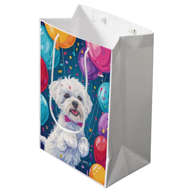 Bichon Frise with Balloons Medium Gift Bag (Front Angled)