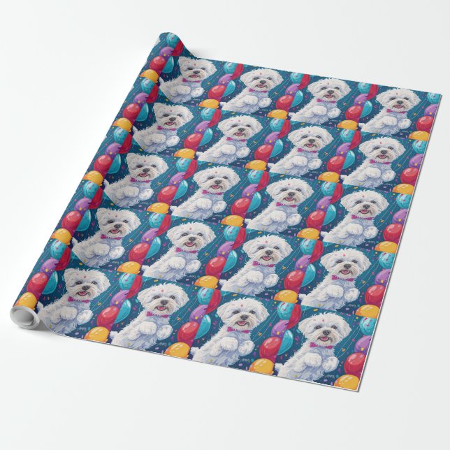 Bichon Frise with Balloons Wrapping Paper (Unrolled)