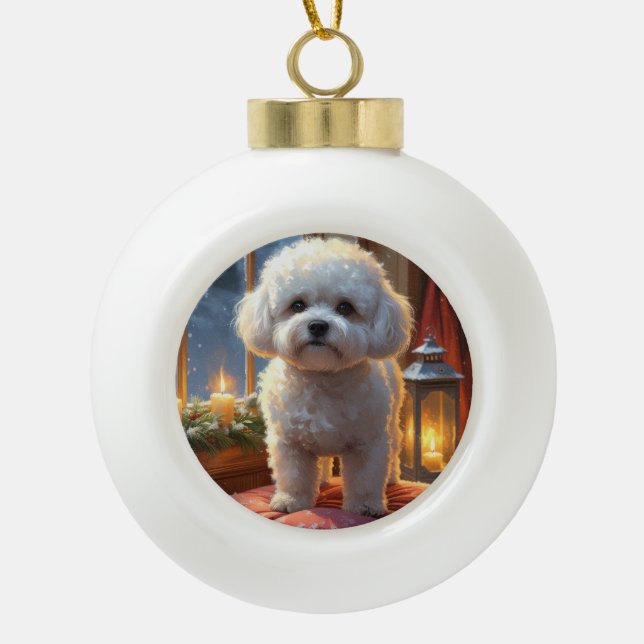 Bichon Frise With Christmas Lights Holiday Ceramic Ball Christmas Ornament (Front)