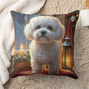 Bichon Frise With Christmas Lights Holiday Cushion