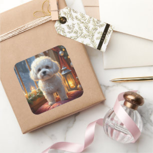 Bichon Frise With Christmas Lights Holiday Square Sticker