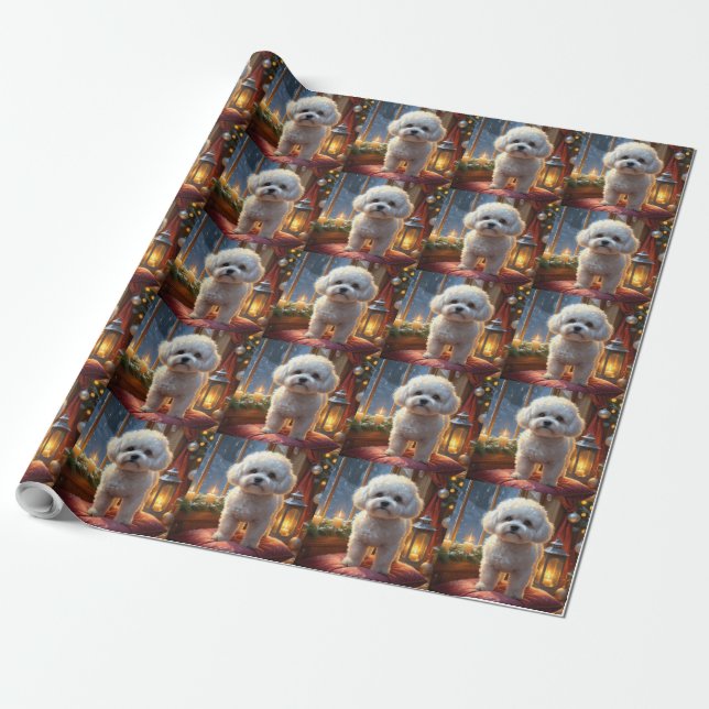 Bichon Frise With Christmas Lights Holiday Wrapping Paper (Unrolled)