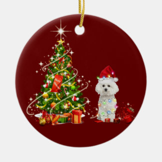 Bichon frise With Hat Scaft Christmas Ceramic Ornament