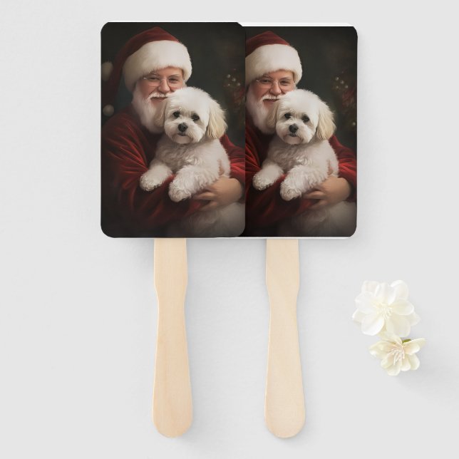 Bichon Frise with Santa Claus Festive Christmas  Hand Fan (Front and Back)