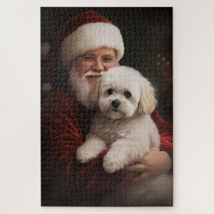 Bichon Frise with Santa Claus Festive Christmas Jigsaw Puzzle