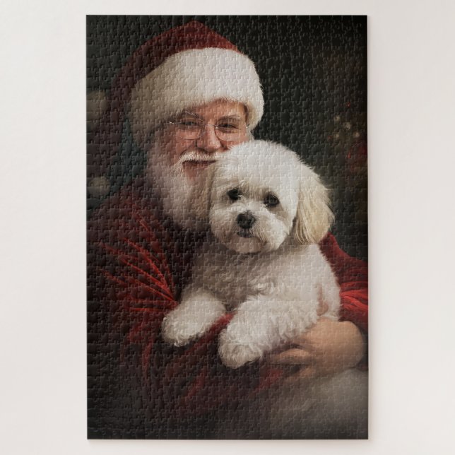 Bichon Frise with Santa Claus Festive Christmas  Jigsaw Puzzle (Vertical)